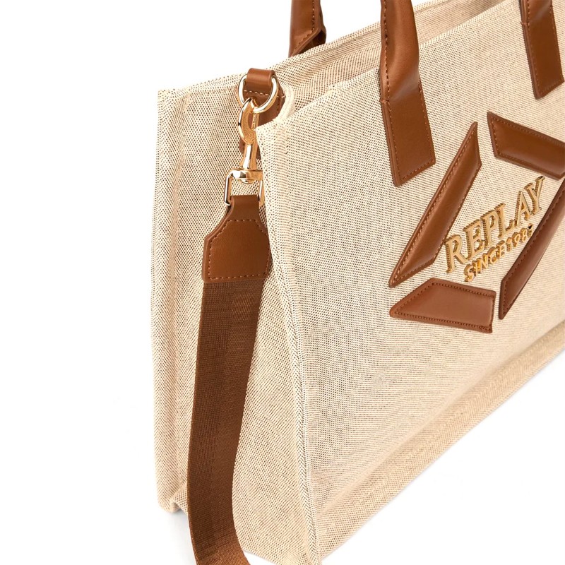 Replay Bag Tote Canvas With Logo-Beige