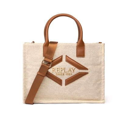 Replay Bag Tote Canvas With Logo-Beige
