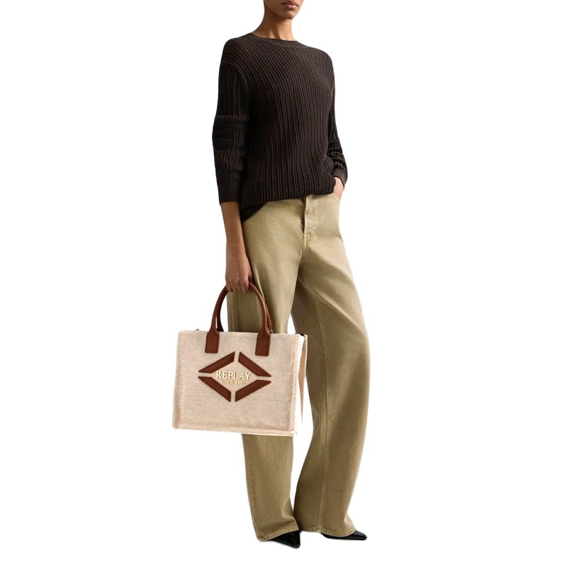 Replay Bag Tote Canvas With Logo-Beige