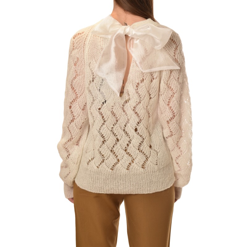 Aggel Blouse Knit With Bow Tie-Ivory