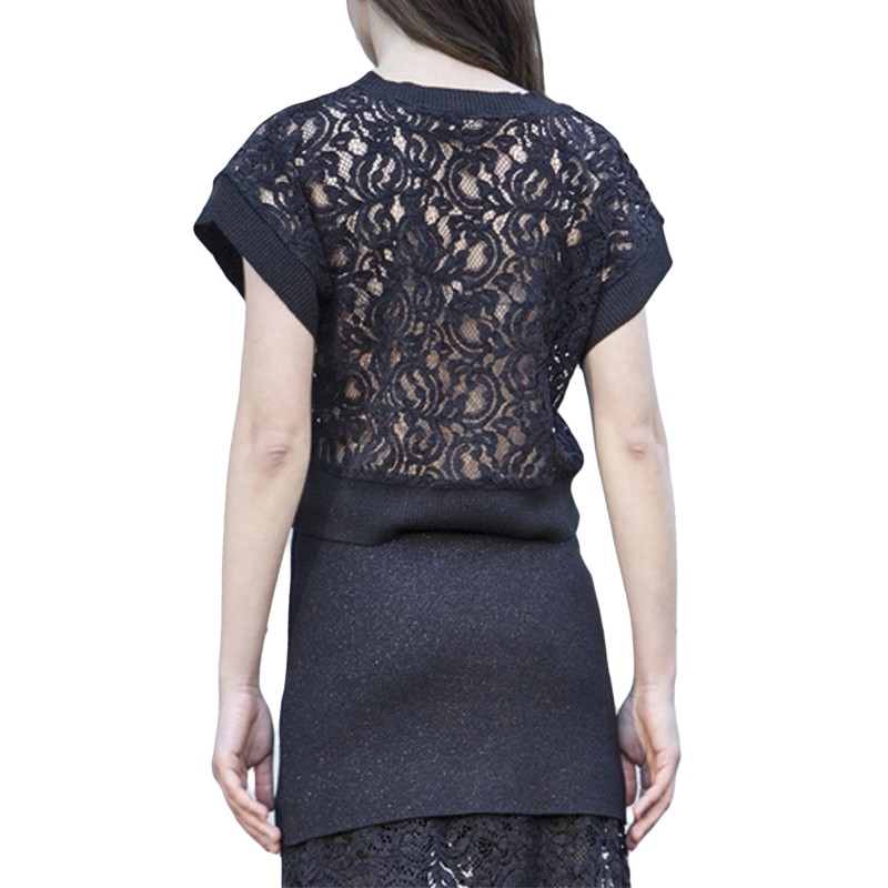Aggel Blouse Lace With Knit Details-Black