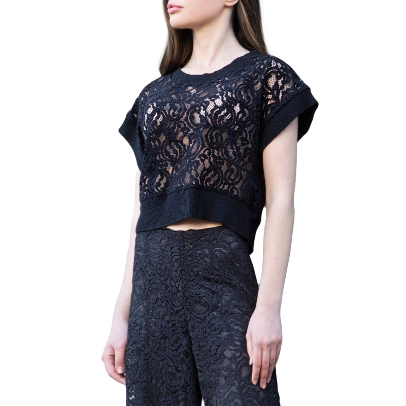 Aggel Blouse Lace With Knit Details-Black
