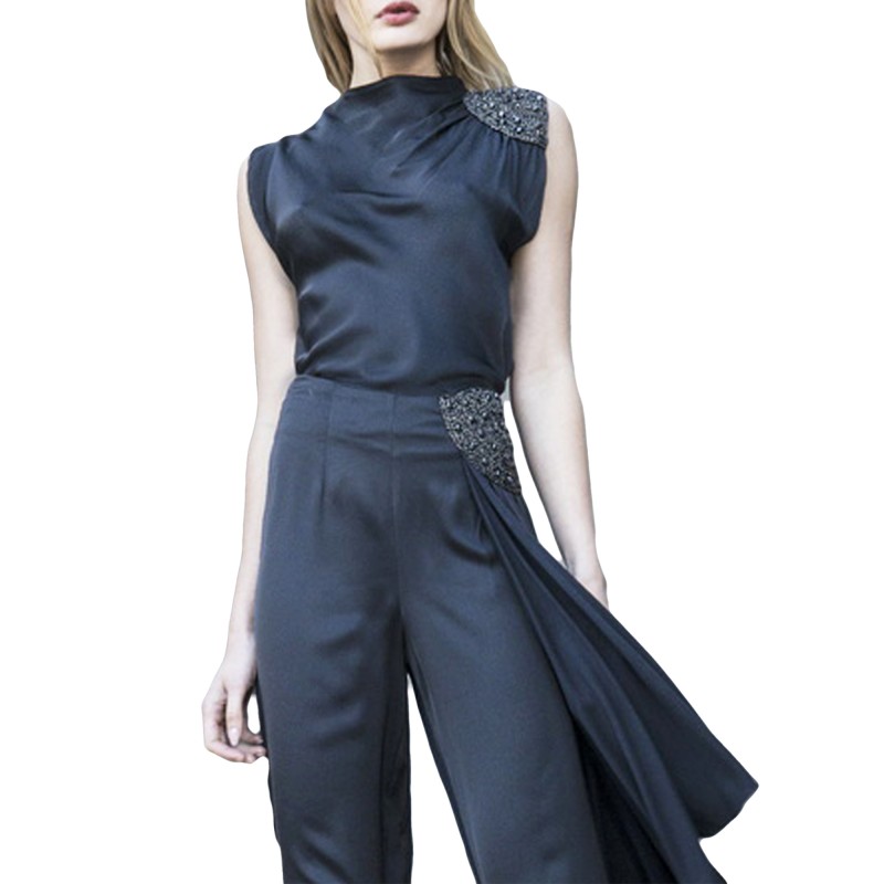Aggel Top Satin Drape Sleeveless With Knit Details-Black