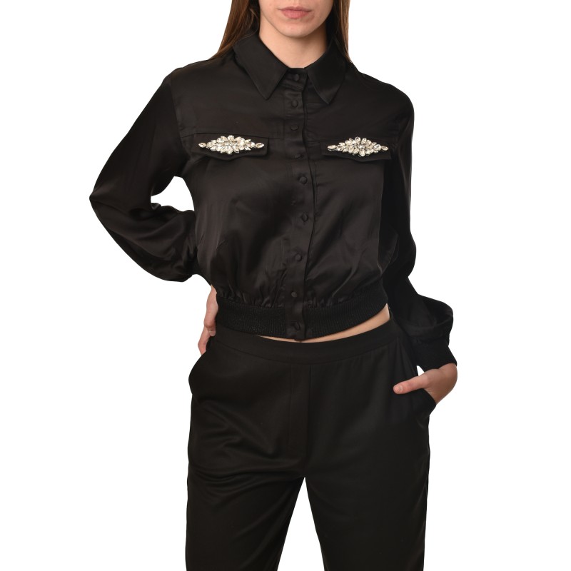 Aggel Shirt Satin With Sparkle Stone-Black Aggel Shirt Satin With Sparkle Stone-Black