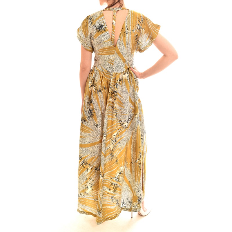 Lotus Eaters Satin Patterned Dress With V-Neckline-Mustard & Black