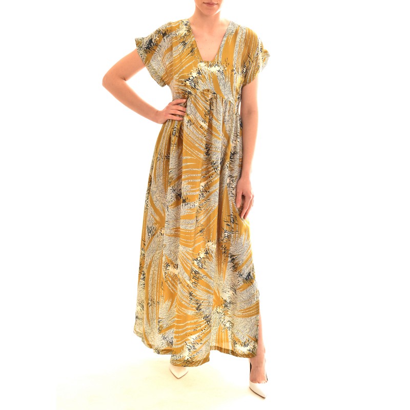 Lotus Eaters Satin Patterned Dress With V-Neckline-Mustard & Black