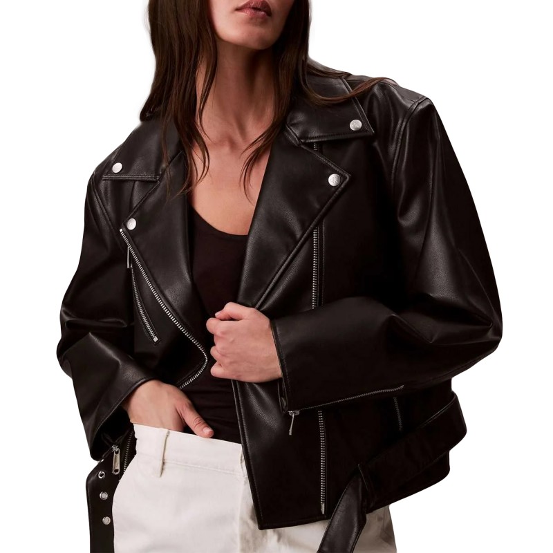 Calvin Klein Jacket Moto Faux Leather With Belt-Black