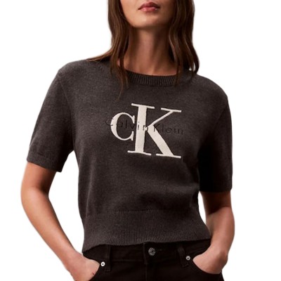 Calvin Klein Sweater Cropped Jumper Monologo-Charcoal Heather