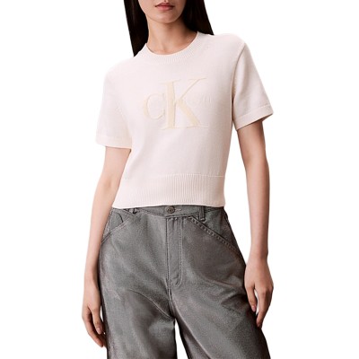 Calvin Klein Sweater Cropped Jumper Monologo-White Greige