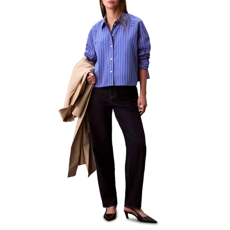 Calvin Klein Shirt Stripe Boxy Cropped-Blue
