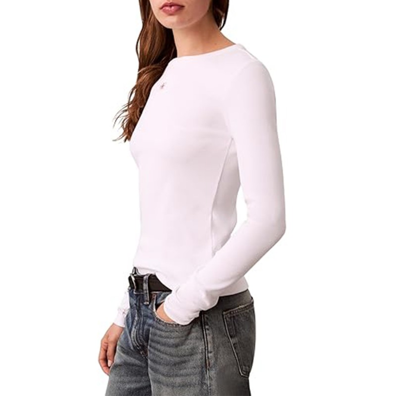 Calvin Klein Top Crew Rib 2x2 Long Sleeve Wovel Label-Brilliant White