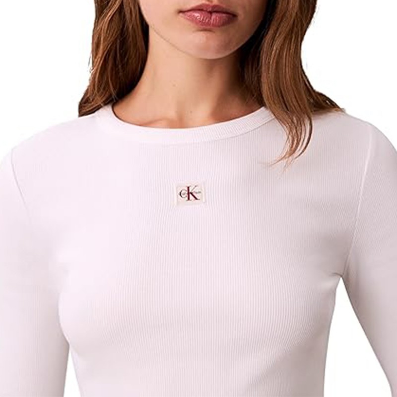 Calvin Klein Top Crew Rib 2x2 Long Sleeve Wovel Label-Brilliant White