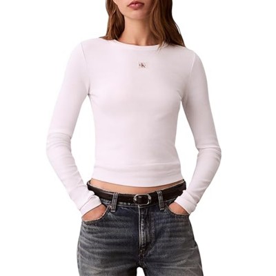 Calvin Klein Top Crew Rib 2x2 Long Sleeve Wovel Label-Brilliant White