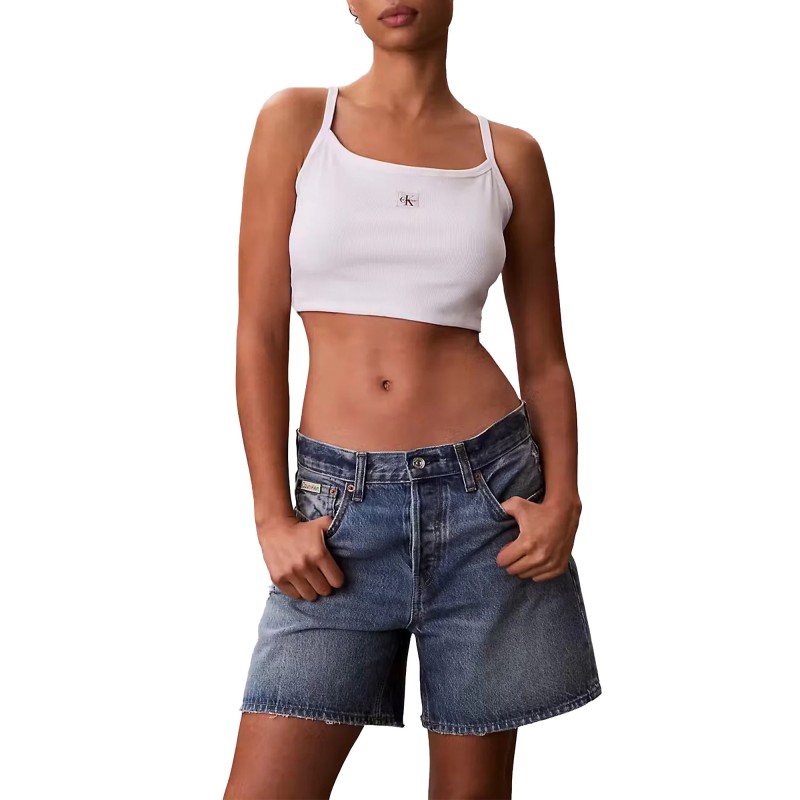 Calvin Klein Crop Top Baby Rib Woven Label-Bright White