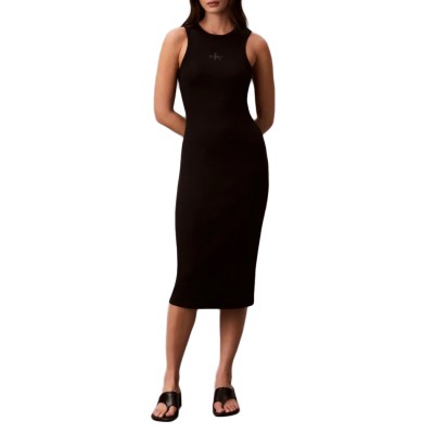Calvin Klein Dress Midi Rib Monologo-Black