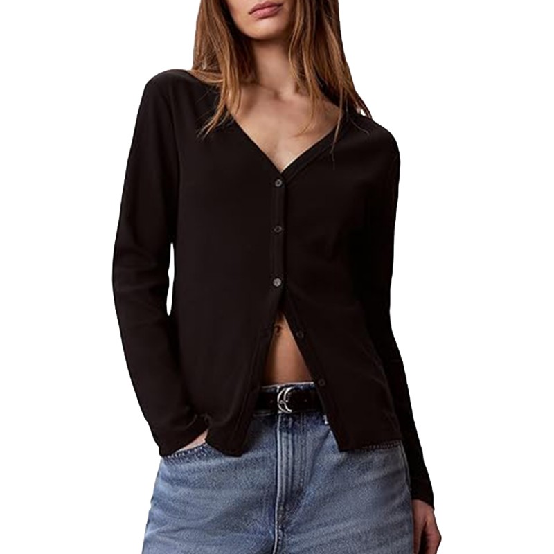 Calvin Klein Top Woven Label Baby Rib Button-Black