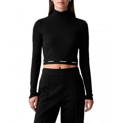 Calvin Klein Crop Top LS 2X2 Baby Rib Logo-Black