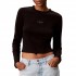 Calvin Klein Crop Top LS 2X2 Baby Rib Logo-Black