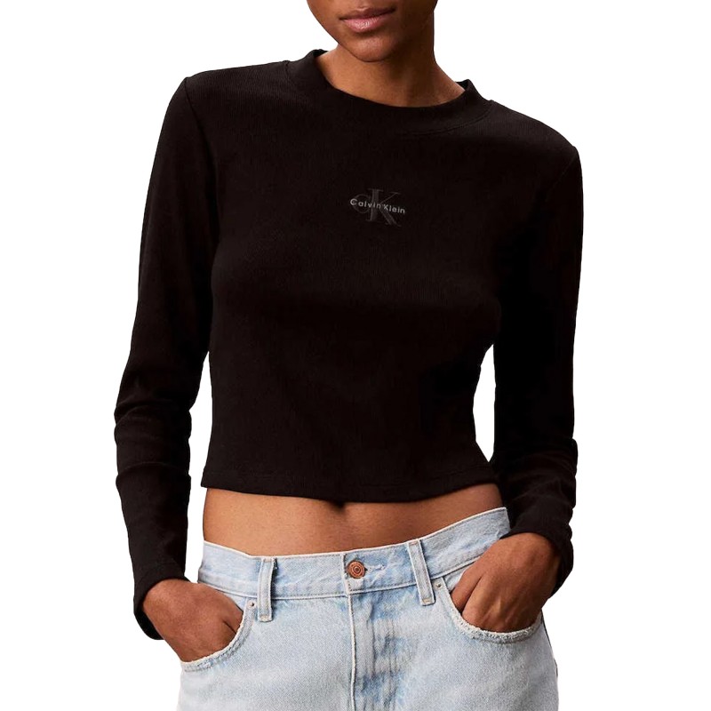 Calvin Klein Crop Top LS 2X2 Baby Rib Logo-Black Calvin Klein Crop Top LS 2X2 Baby Rib Logo-Black