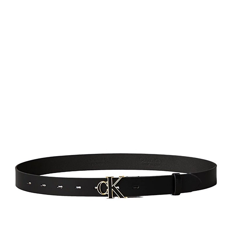 Calvin Klein Belt Full-Grain Leather Logo Buckle-Black/Antique Light Gold
