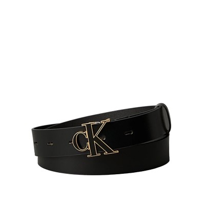 Calvin Klein Belt Full-Grain Leather Logo Buckle-Black/Antique Light Gold