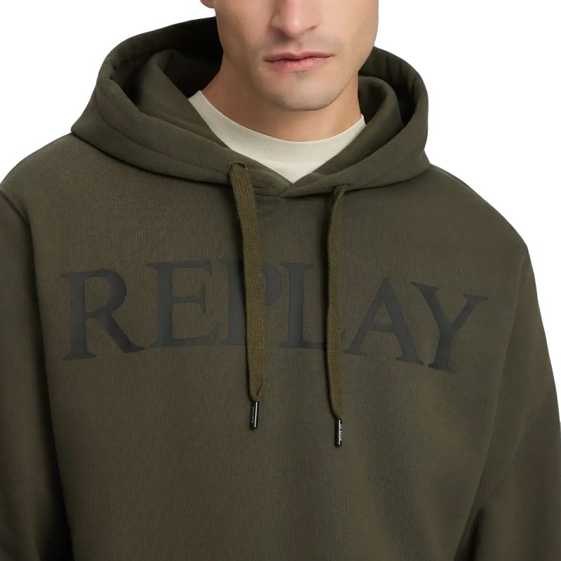 Replay Hoodie With Lettering-Mud Green