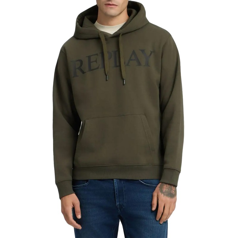 Replay Hoodie With Lettering-Mud Green
