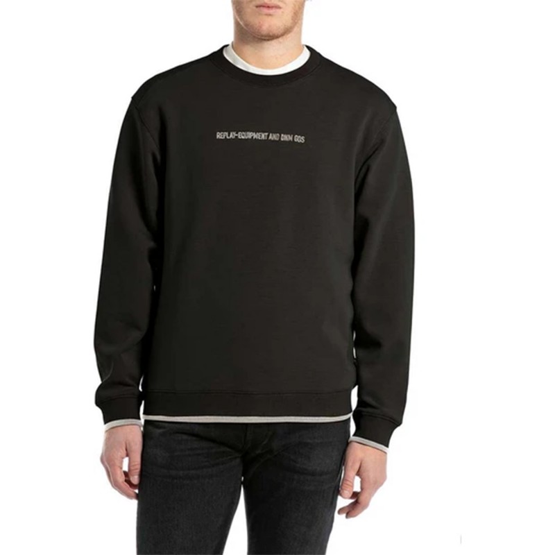 Replay Sweatshirt Crew Neck With Lettering Embroidery-Black Replay Sweatshirt Crew Neck With Lettering Embroidery-Black