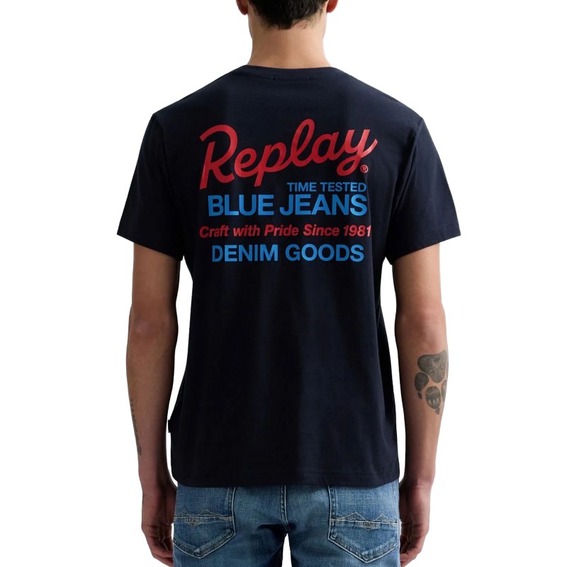 Replay T-Shirt With Logo Print Front And Back-Dark Blue