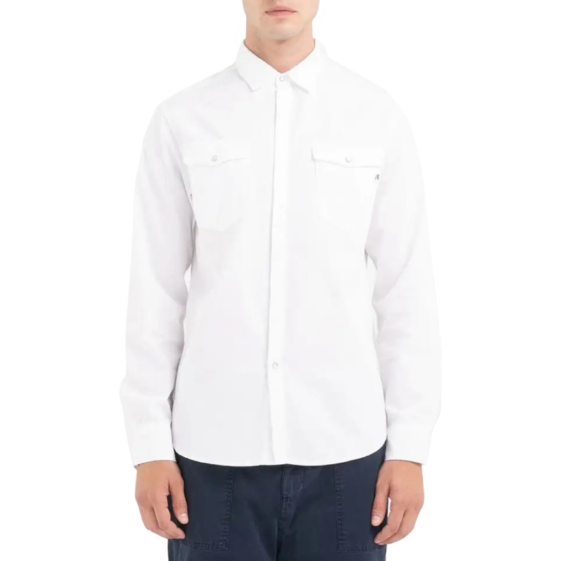 Replay Regular Fit Shirt In White Denim-White Replay Regular Fit Shirt In White Denim-White