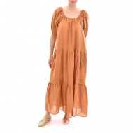 Milla Long Frilled Linen Dress With Puffed Sleeves-Chocola