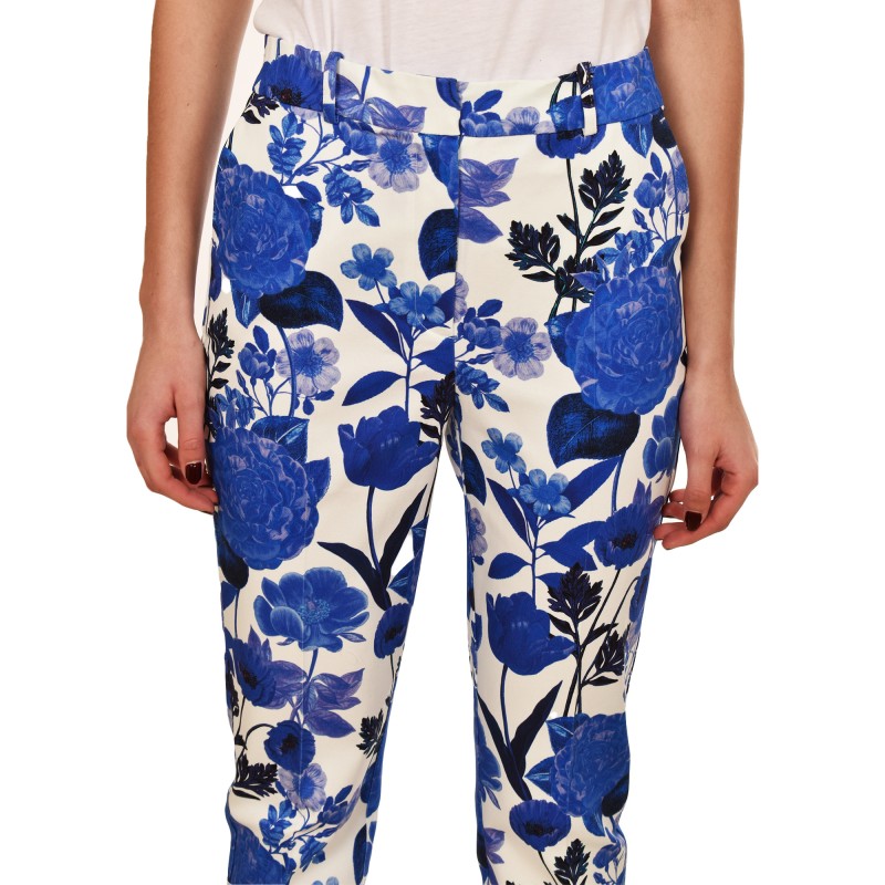 MyT Floral Patterned Trousers-White/Blue