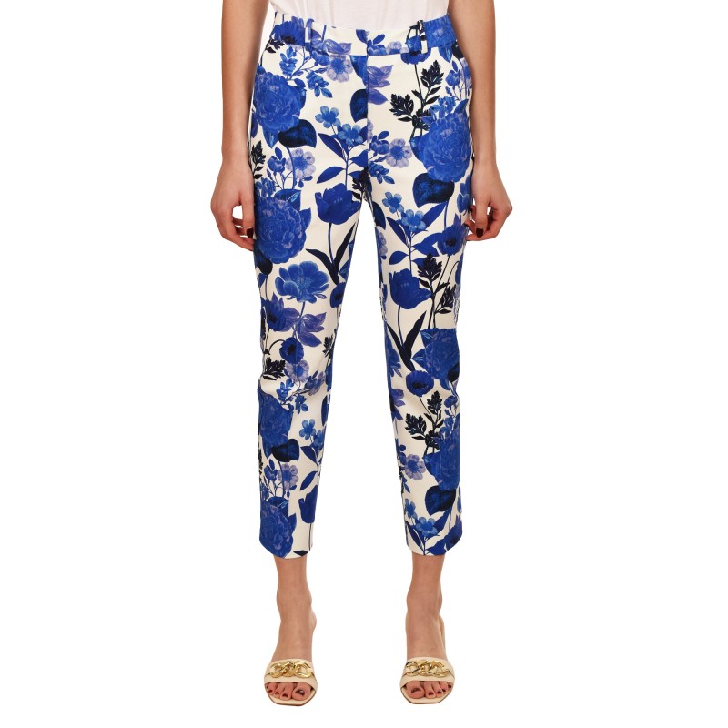 MyT Floral Patterned Trousers-White/Blue