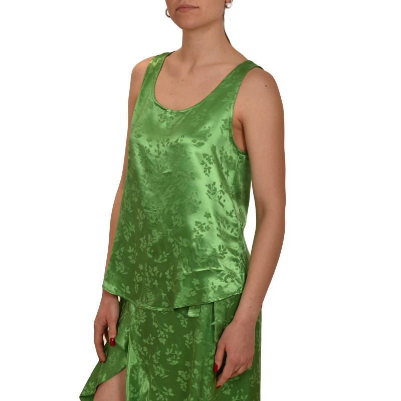 MyT Relaxed Fit Satin Floral Top-Parrot Green