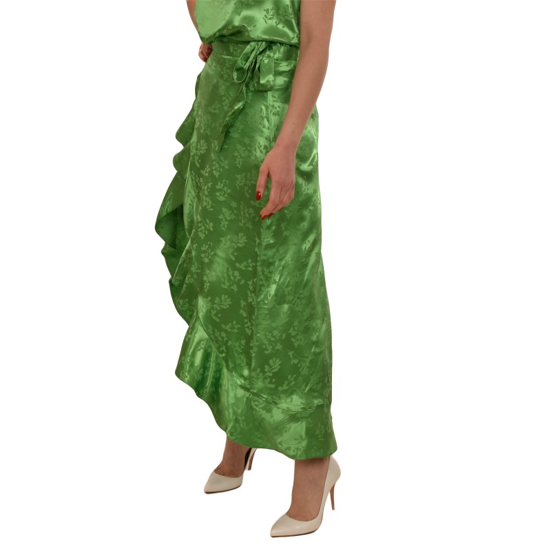 MyT Satin Floral Wrap Skirt With Frills-Parrot Green