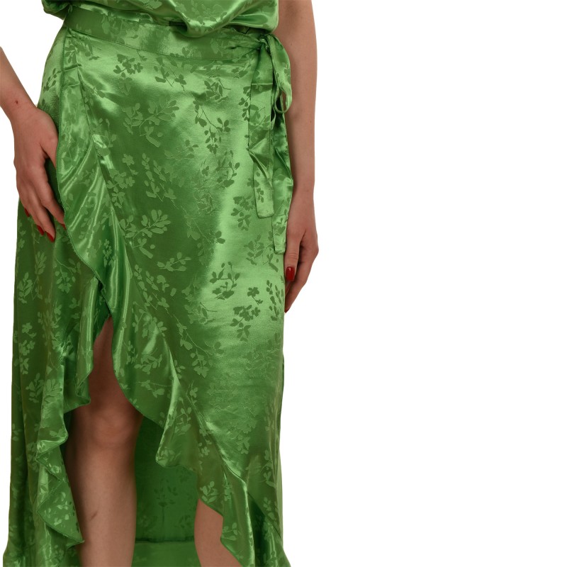 MyT Satin Floral Wrap Skirt With Frills-Parrot Green