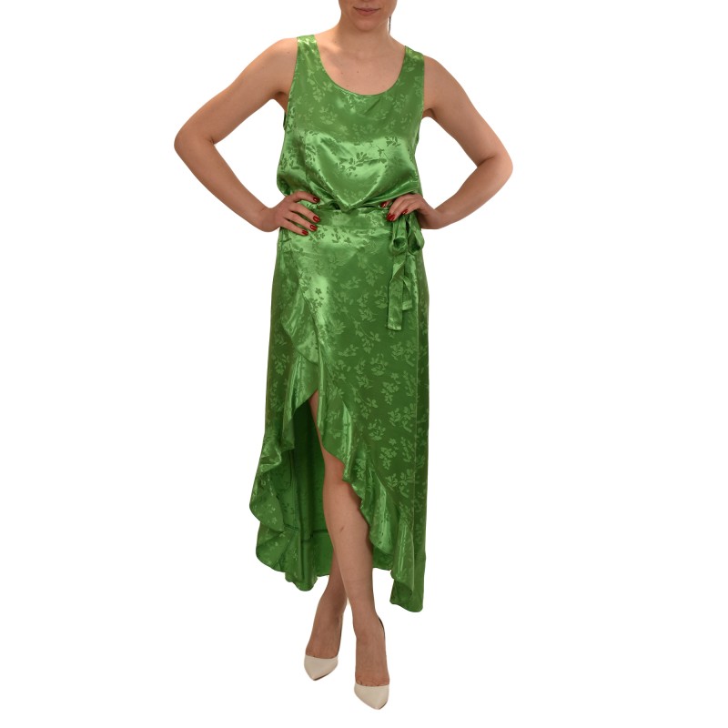 MyT Satin Floral Wrap Skirt With Frills-Parrot Green