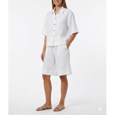 Milla Bermuda Elastic Waist Loose Fit Linen-White