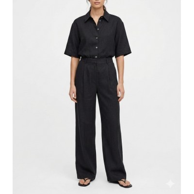 Milla Trousers With Pleats Loose Fit Linen-Black