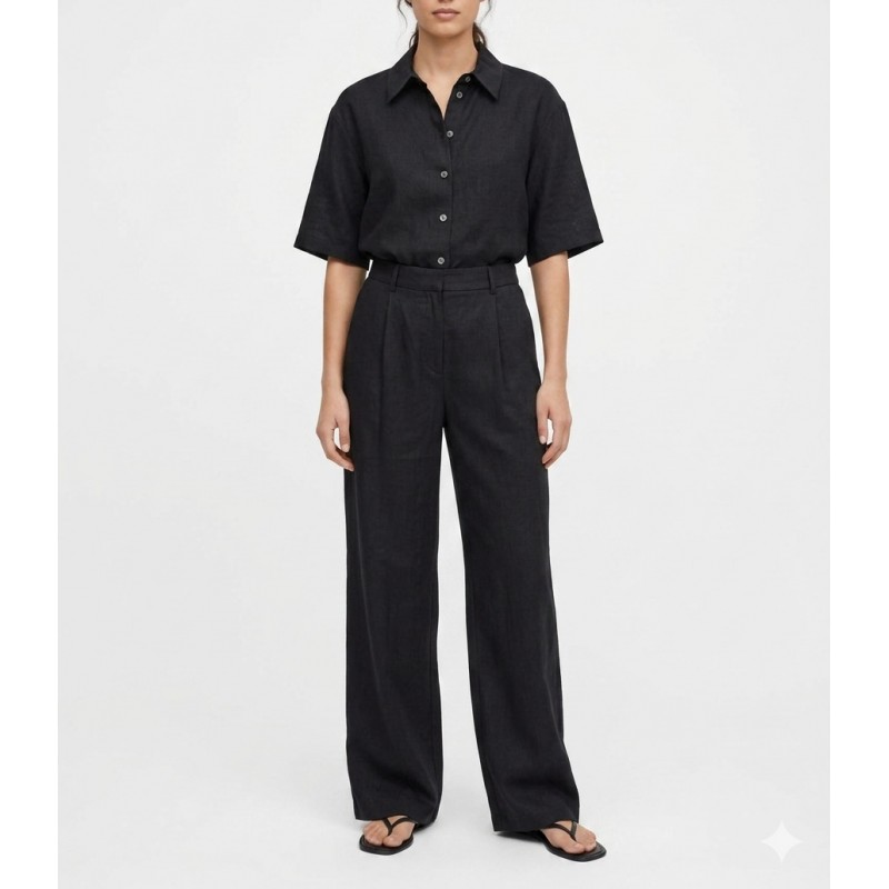Milla Trousers With Pleats Loose Fit Linen-Black