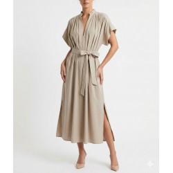 Milla Dress Maxi Sleeveless V Neck Caftan Style With Belt-Beige