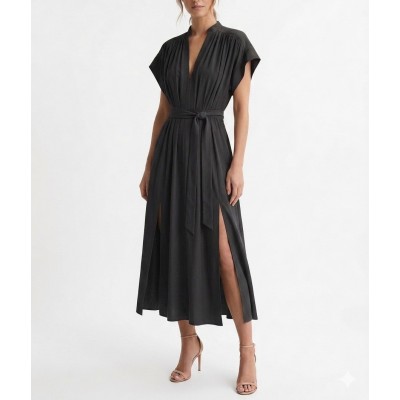 Milla Dress Maxi Sleeveless V Neck Caftan Style With Belt-Charcoal