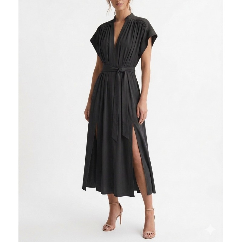 Milla Dress Maxi Sleeveless V Neck Caftan Style With Belt-Charcoal Milla Dress Maxi Sleeveless V Neck Caftan Style With Belt-Charcoal