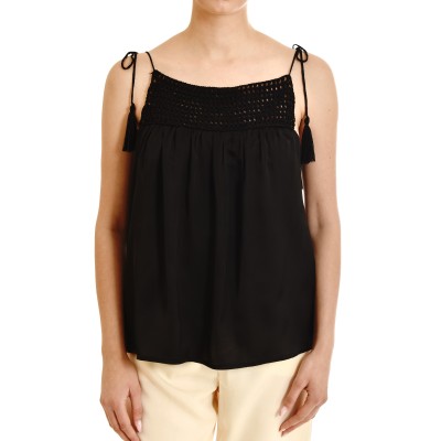 Aggel Cropped Top Satin With Handmade Knitted Details-Black