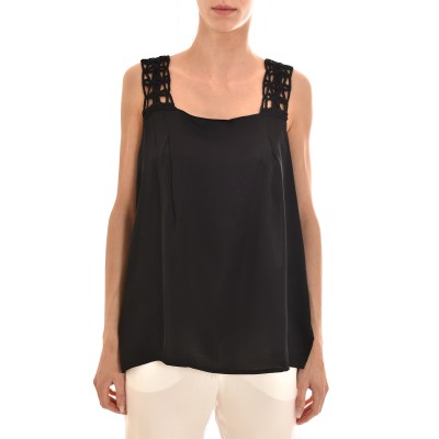 Aggel Satin Top With Knitted Shoulders-Black