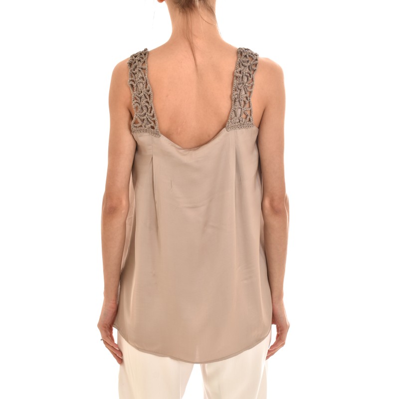 Aggel Satin Top With Knitted Shoulders-Elephant Aggel Satin Top With Knitted Shoulders-Elephant