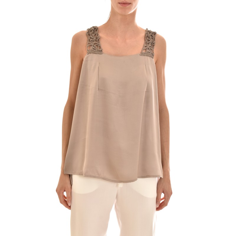 Aggel Satin Top With Knitted Shoulders-Elephant Aggel Satin Top With Knitted Shoulders-Elephant