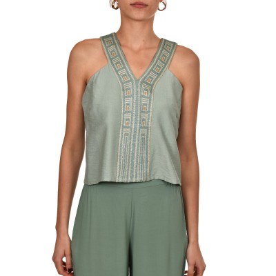 Aggel Embroidery V-Neck Top-Teal