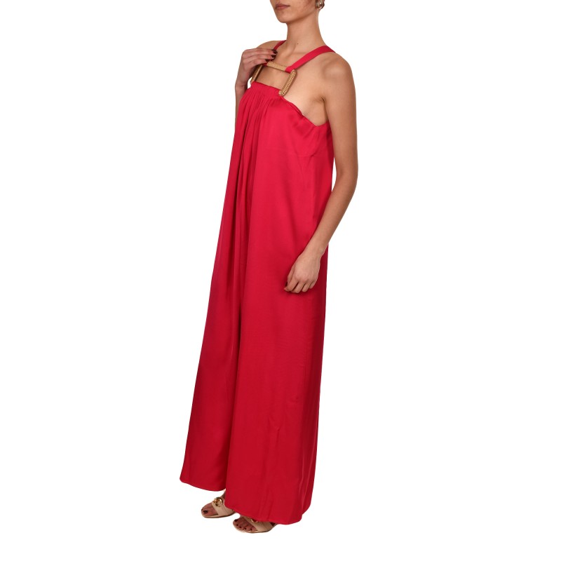 Aggel Long Satin Dress With Square Chestline Holder-Fuchsia
