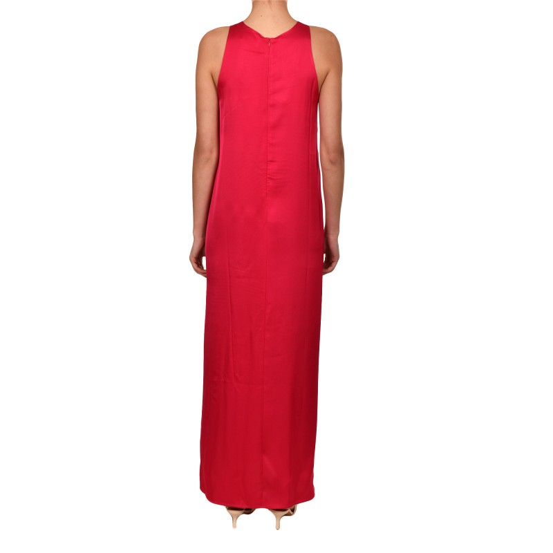 Aggel Long Satin Dress With Square Chestline Holder-Fuchsia